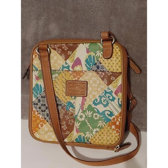 Fossil Crosstown Crossbody Bag Patchwork Leather Boho Multicolor Print - Picture 5 of 8